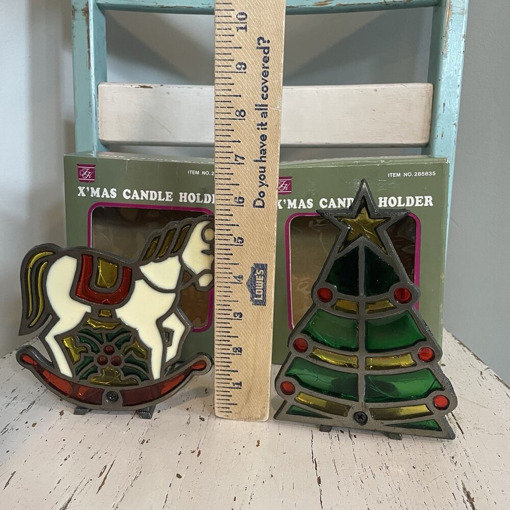 VTG  Stained Glass Christmas Votive Candle‎ Holders Cast Iron Rocking Horse Tree - Picture 4 of 8